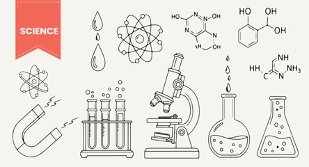 Hand Drawn Science Vector Set | Outline Icons of Microscope, Test Tubes, Flasks, Atom Model, Magnet, and Chemical Formulas for Education and Research.
