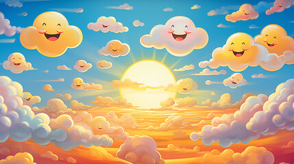Smiling cartoon clouds and sun in a vibrant, happy sky illustration. Whimsical background with cheerful characters, ideal for positive themes, children's content, and bright designs.