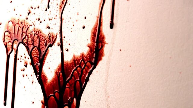 Splattered Red Fake Blood on White Wall. Shiny Thick Liquid Spatter Dripping with Bright Light. Slime Texture for Horror. Violent Crime Scene Halloween Spooky Background.