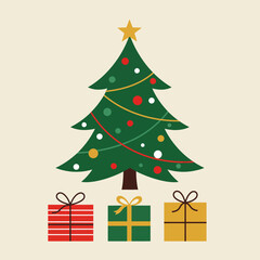 Festive Christmas Tree with Gifts Illustration.