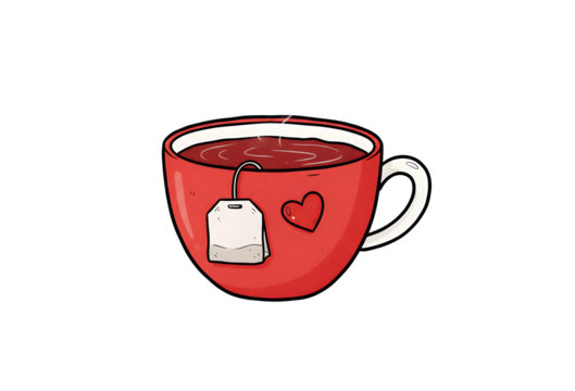 A hand-drawn cartoon teabag sitting in a red teacup, all set against a white background. Vector art. - Powered by Adobe