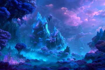 Vibrant Fantasy Landscape with Giant Crystals and Mystical Atmosphere