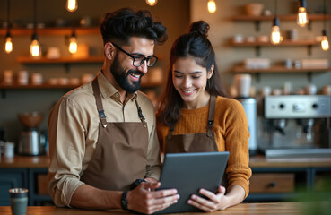 Smiling Asian man, woman wear aprons in cozy cafe. Happily look at tablet computer screen, managing small business tasks. Owners discuss daily operations, check online orders, plan future work,
