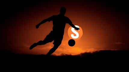 Soccer Player Silhouette Against Fiery Sunset with ' S' Logo football kicking Photo