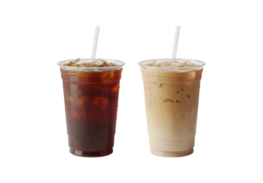 A high-res digital shot of two iced coffee glasses, one with milk and the other plain. Both are in typical restaurant-style plastic cups, just waiting for you to slap your logo on them.
