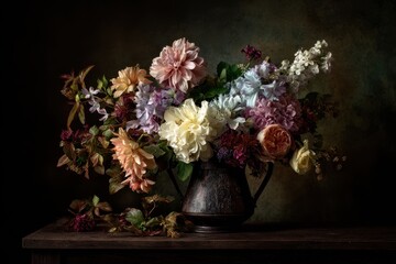 Moody Floral Still Life - Dark Jug with Colorful Dahlias and Delphiniums on Wooden Table.