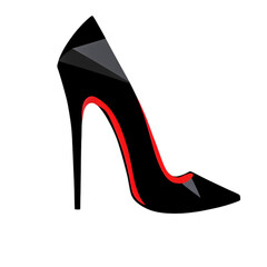 Stylized vector illustration of a black stiletto high heel with a pointed toe and a red sole, featuring a modern, geometric, low-poly design on a white background