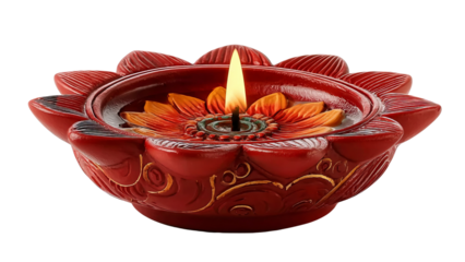Red Lotus Diya with Lit Candle isolated on a transparent background