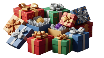 Pile of colorful christmas gift boxes with ribbons