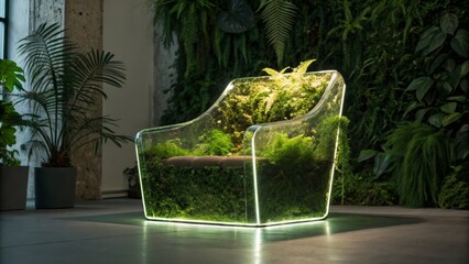 A unique chair filled with lush greenery and moss in a modern setting