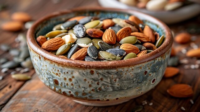 Healthy mixed nuts and seeds in a rustic bowl - Powered by Adobe