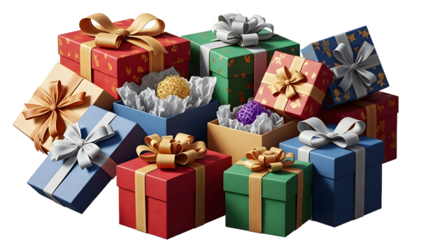 Pile of colorful christmas gift boxes with ribbons