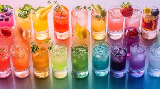 Vibrant assortment of colorful summer cocktails and refreshing mixed drinks arranged in rows with a rainbow gradient background