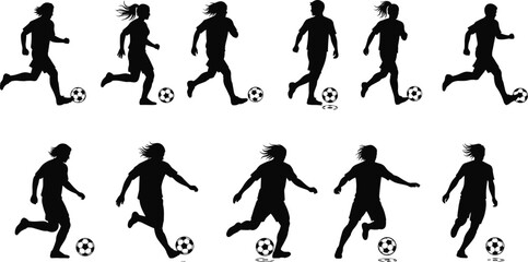 Soccer player silhouette sequence showing ball control and running motion in dynamic sports illustration for training use, flat vector