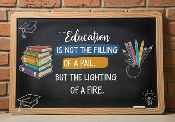 Motivational education quote on classroom chalkboard

Black chalkboard with colorful quote about education, surrounded by illustrated books, pencils, apple, graduation caps and light bulb. Concept: le