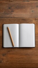 Open blank notebook and pen on wooden table, minimalist education concept, writing and planning top view, business workspace, vertical 9:16 background for social media stories