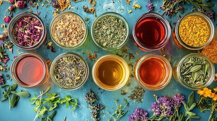 Overhead view of various dried herbal tea ingredients and liquid infusions displayed in small glass jars on a textured blue surface with fresh herb garnish