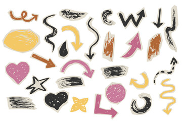 Cutout torn paper pieces geometric shapes, arrows, grunge crayon hand drawn set. Collage funky, groovy retro doodle parts, scrapbook elements, design