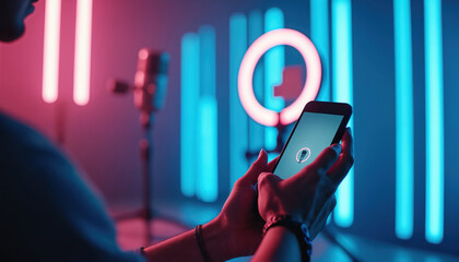 Person holds smartphone in studio with ring light. Content creator makes online video in neon studio. Online production setup with pro microphone, social media equipment. Vlogger records audio