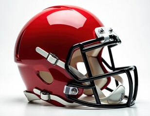 Bright red American football helmet with glossy finish on plain white background. Features strong black facemask, white adjustable chin straps. Protective headgear crucial for player safety,