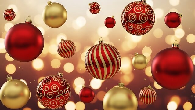 Festive arrangement of shiny red and gold christmas ornaments with blurred warm bokeh lights in the background