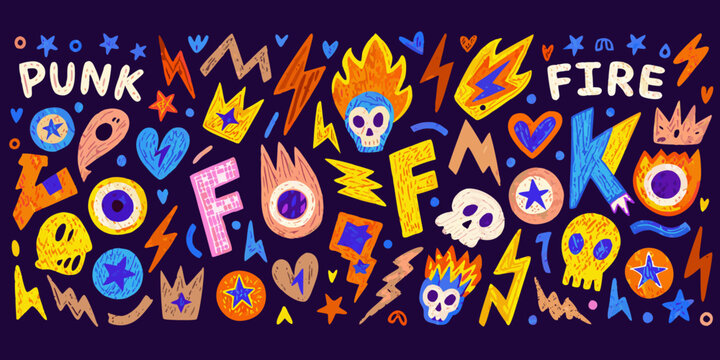 Colorful punk rock illustration with skulls hearts lightning and fiery elements