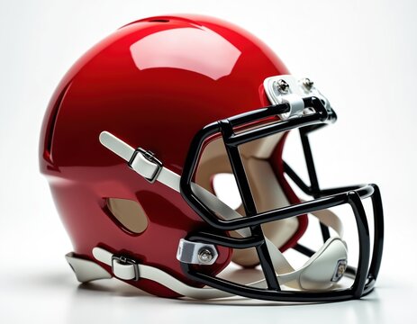 Bright red American football helmet with glossy finish on plain white background. Features strong black facemask, white adjustable chin straps. Protective headgear crucial for player safety,