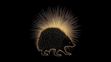 Fototapeta premium Stylized Golden Porcupine Silhouette with Radiant Spikes on Photo Black hedgehog animal