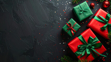 Flat lay image of red and dark green Christmas gifts wrapped in a bow, with pine branches, glitters and balls for decoration on a black background for poster advertisement promotion