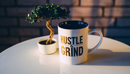 “Hustle and Grind” mug with bonsai tree – entrepreneur motivation and focus concept