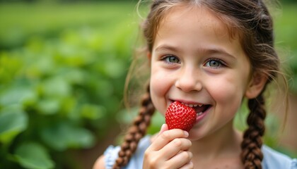 Fototapeta premium Young girl with braided hair enjoys ripe strawberry standing in sunlit garden. Smiles brightly, savoring sweet, juicy berry. Photo moment of pure childhood joy, simple pleasures.