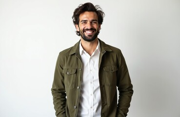 Fototapeta premium Young man in olive jacket smiles. He wears white shirt and looks directly at camera. Studio portrait with plain white background. Casual yet smart style for business or personal use.