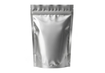 Silver stand up pouch mockup, foil packaging bag, food storage container, zipper seal, product presentation, retail ready isolated on transparent background