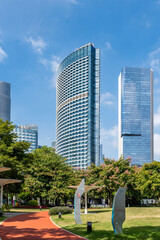 Modern urban architecture and parks/grasslands