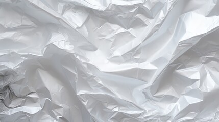 A crumpled white surface, showcasing the texture and folds of shiny material, creating an abstract and dynamic visual effect.