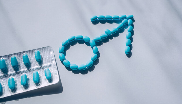 Male symbol made of blue pills &ndash; men&rsquo;s health and testosterone hormone concept