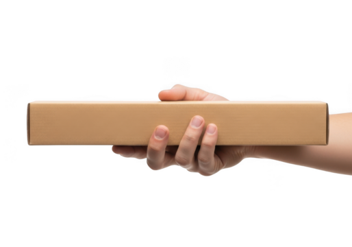 Hand holding cardboard box delivery package mailing shipping present gift postal service isolated on transparent background