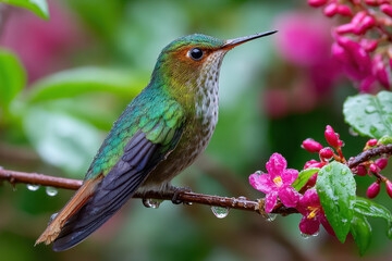 Fototapeta premium Hummingbird Perched on Branch After Rain