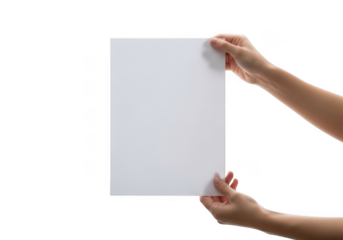 Hands holding blank white paper sheet mockup presentation template, empty signboard banner, displaying information isolated on transparent background