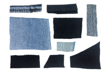 Set of denim surface pieces  isolated on white background.
