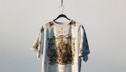 Premium t-shirt mockup design featuring an ornate, baroque-inspired graphic print on a white background