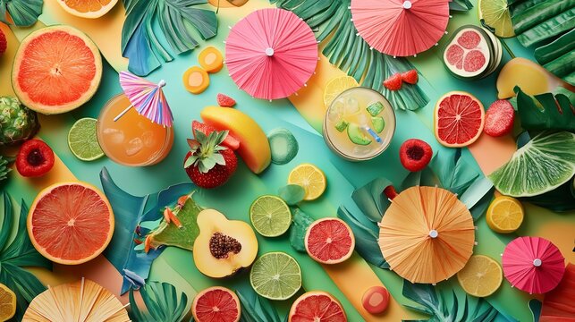 Vibrant overhead view of tropical summer cocktails and fresh citrus fruit slices arranged on a colorful background with green leaf - Powered by Adobe