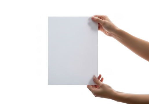 Hands holding blank white paper sheet mockup presentation template, empty signboard banner, displaying information isolated on transparent background - Powered by Adobe