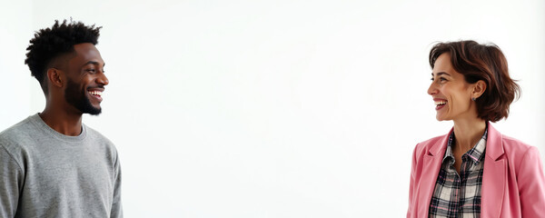 Young african man and mature caucasian woman smile at each other. Happy diverse business colleagues talk and laugh. People stand on isolated white banner background with copy space for text.