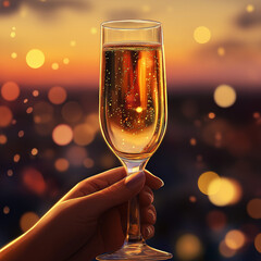 Elegant champagne toast at sunset with city lights, celebration and achievement concept image