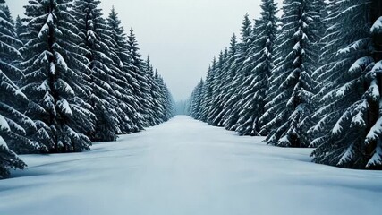 Snow-covered forest path lined with frosted pine trees – serene winter landscape video, peaceful snowy woods, seasonal nature background for Christmas & winter projects - Powered by Adobe