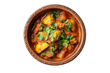 Delicious aloo gobi curry in rustic bowl with fresh cilantro garnish stock photo, indian cuisine, vegan food, isolated on transparent background