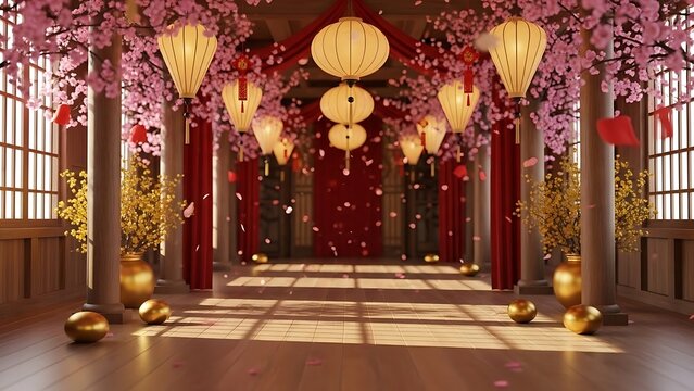 Chinese New Year Decorations with Lanterns and Cherry Blossoms