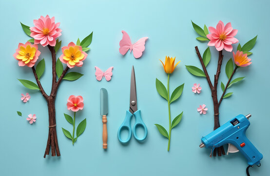 Handmade paper spring tree with flowers, butterfly on blue background. Craft project concept with glue gun, knife, scissors. Kids creative hobby and easter holiday decoration art idea.