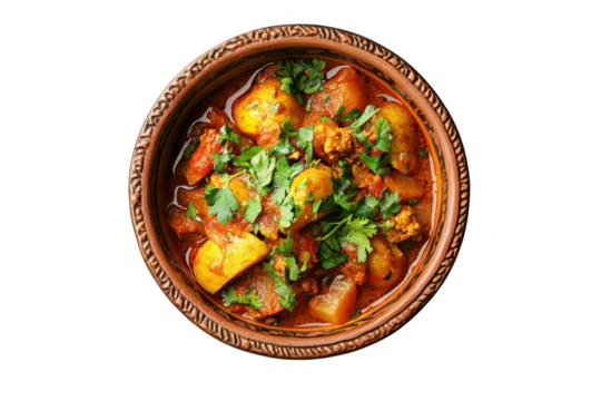 Delicious aloo gobi curry in rustic bowl with fresh cilantro garnish stock photo, indian cuisine, vegan food, isolated on transparent background